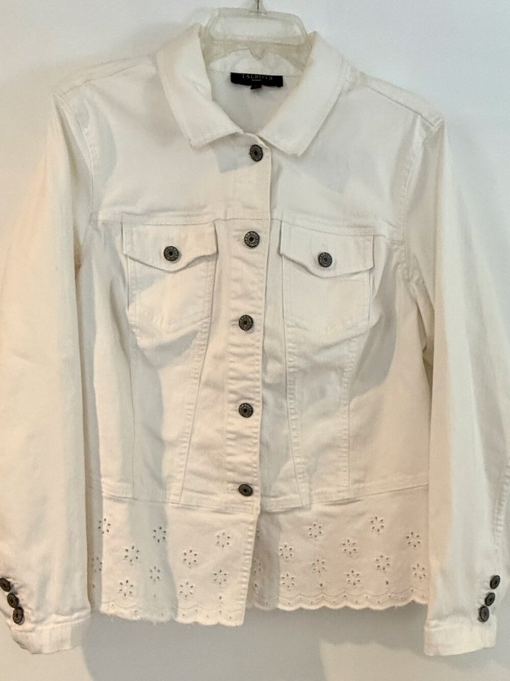 Chico's White Denim Jacket - Size 3 - Eyelet lace detail at bottom - NWOT